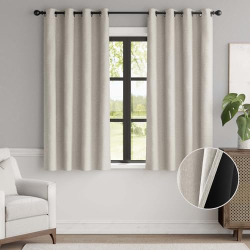 Jinchan 90% Blackout Curtain 63 Inch Long, Faux Linen Curtain For Living Room, Thermal Insulated Room Darkening Grommet Top Window Drape, 1 Panel Curtain For Bedroom Bone